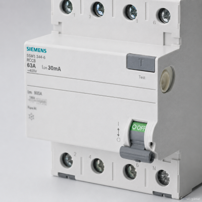 Siemens kaçak akım rölesinin test düğmesi ve kolunu gösteren yapay zekâ ile hazırlanmış temsili yakın çekim